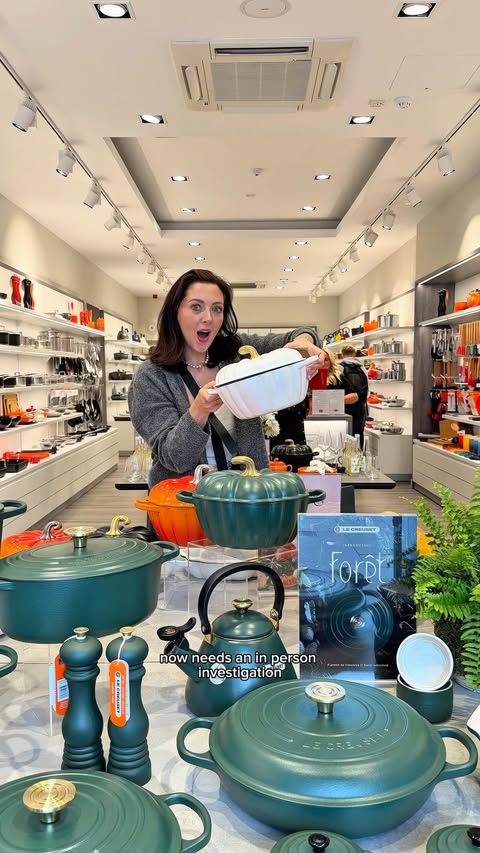 Instagram post by @alexandratealeaf for Le Creuset. Caption reads: [...] 🎃 Green, white or both? The brand new....