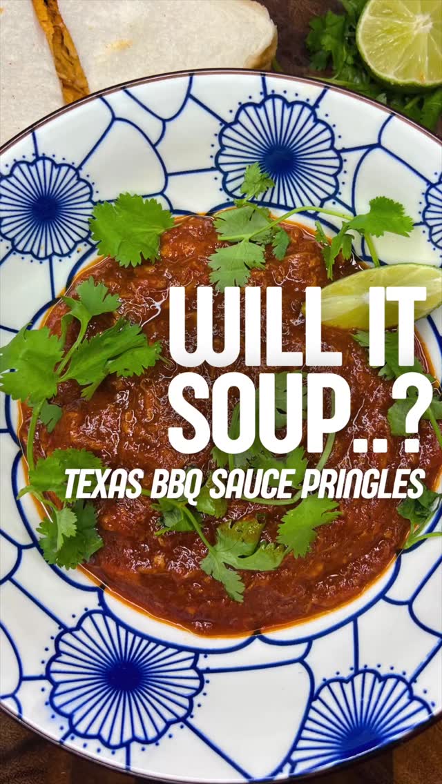Instagram post by @tomjustcooks for Pringles. Caption reads: 🥣 Will it Soup..? Texas BBQ Pringles

Ingredients....