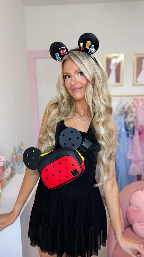 Instagram post by @emilyyyrosess for Crocs. Caption reads: Crocs and Disney custom Mickey Mouse Headband....