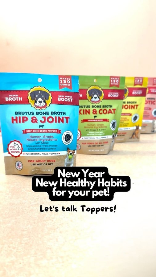 Instagram post by @dogtorkristi for Brutus Broth. Caption reads: Comment “BRUTUS” to get my favorite food....