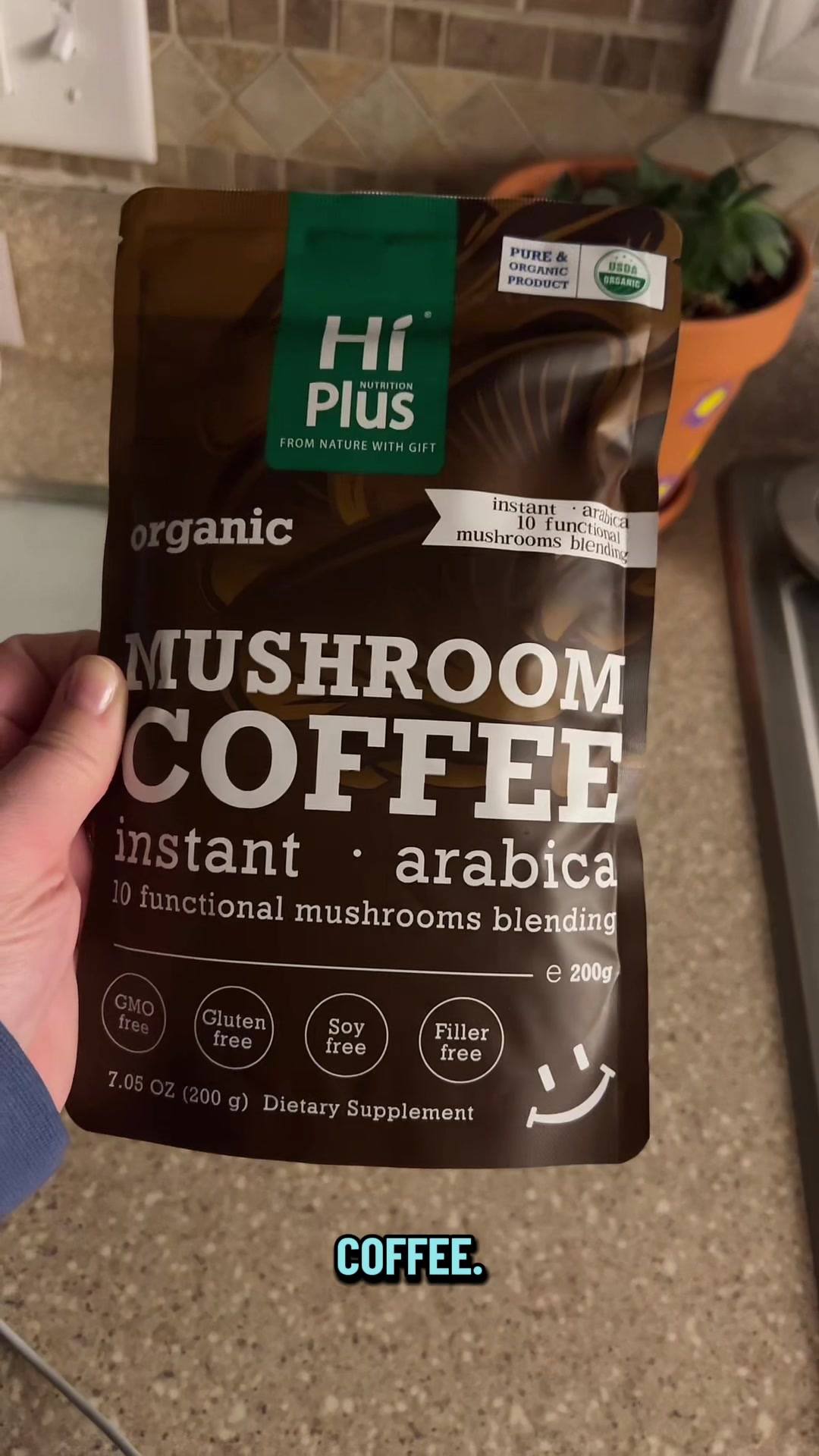 TikTok post by @tabs2624 for HiPlus. Caption reads: @HiPlus #mushroomcoffee #instantcoffee [...].