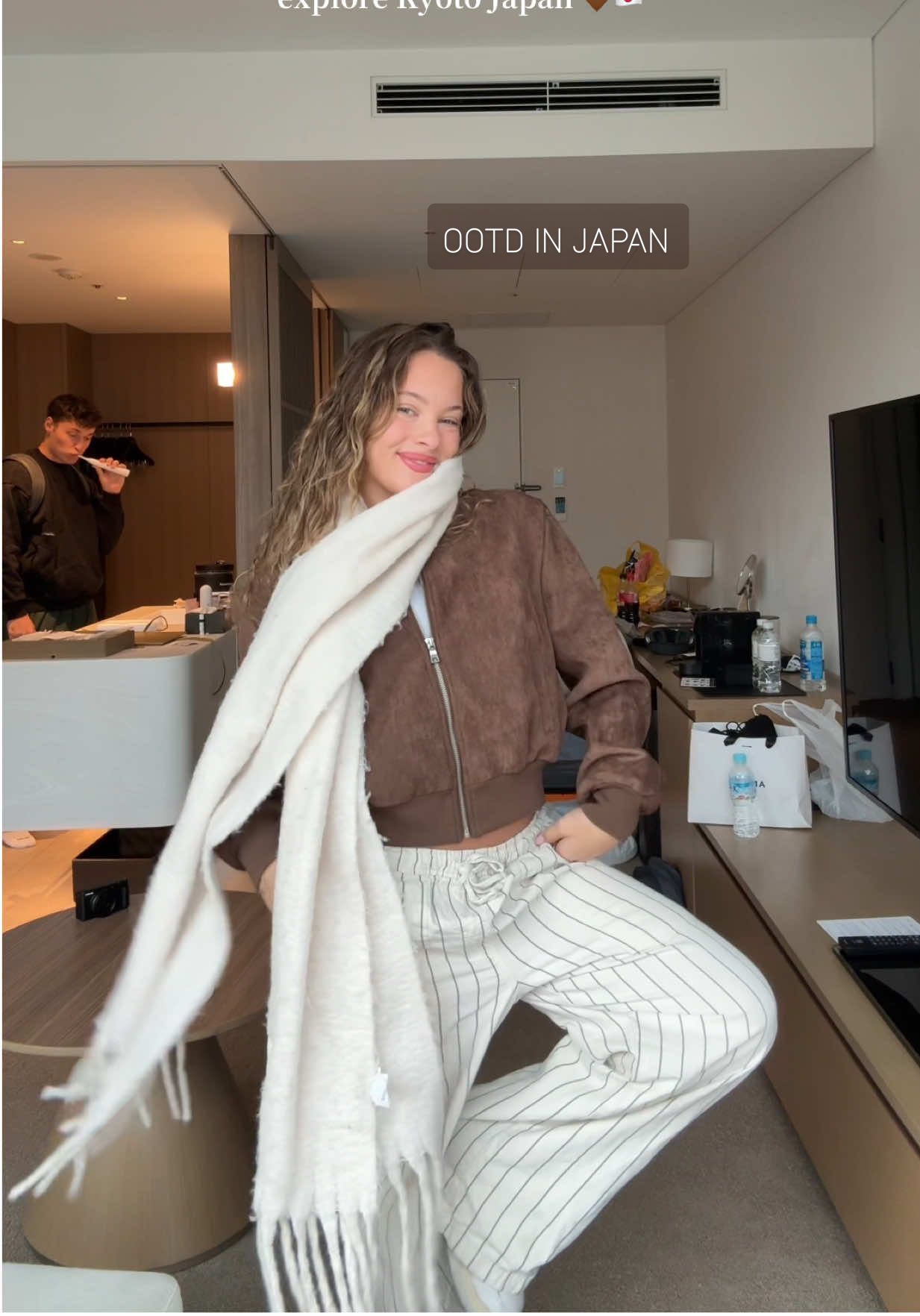 TikTok post by @annadawnphillips for Aerie. Caption reads: day out in Kyotoooo 🤎🇯🇵 #kyoto #OOTD #japan....