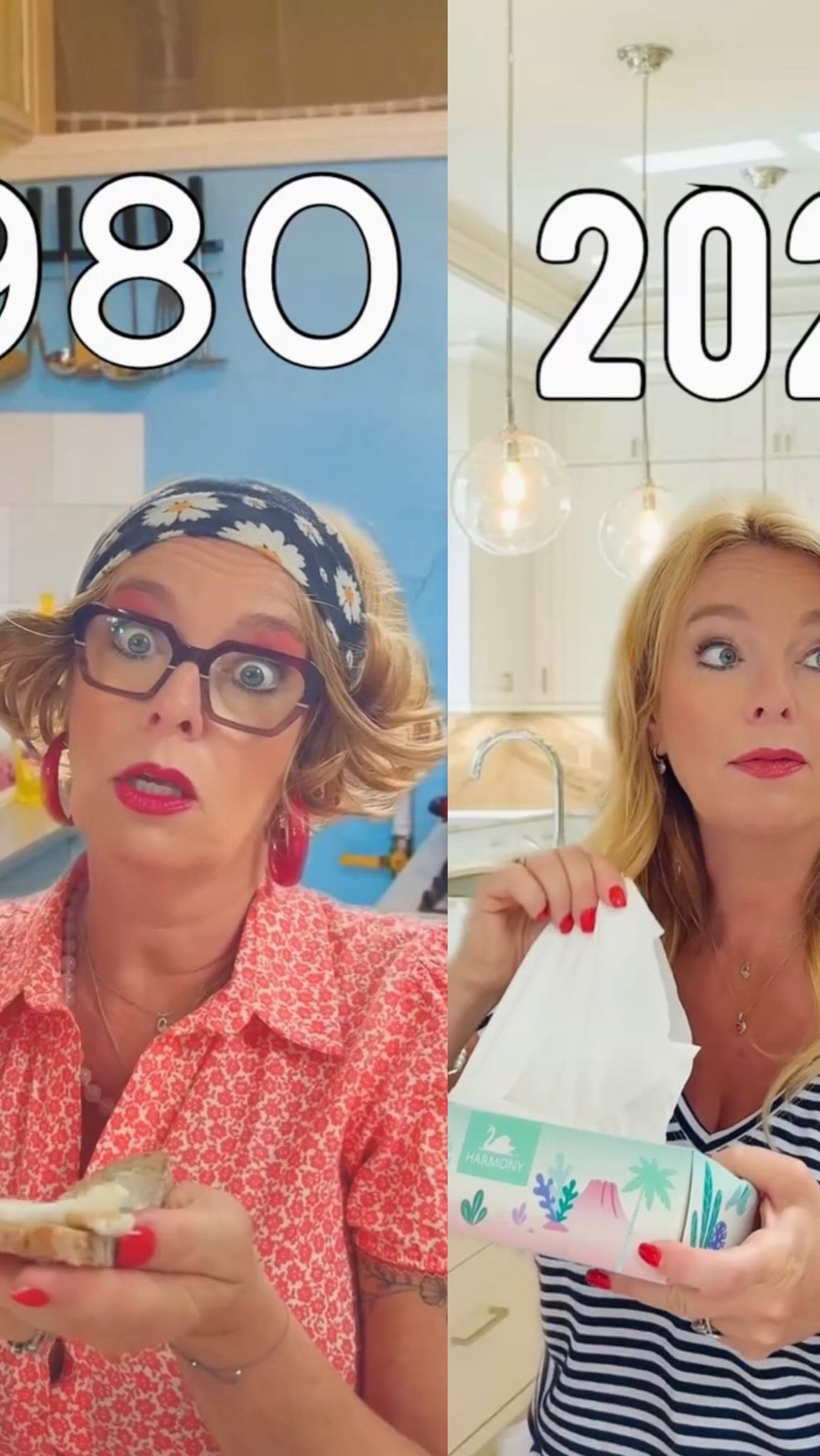 Instagram post by @lucibenesova_official for Harmony Česká republika. Caption reads: Retro máma 1980 vs. současná máma 2025....