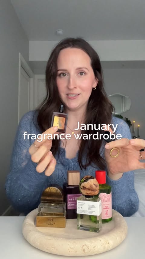 Instagram post by @kristinfragrances for CLEAN BEAUTY COLLECTIVE. Caption reads: 🦢 january fragrance wardrobe What’re you....