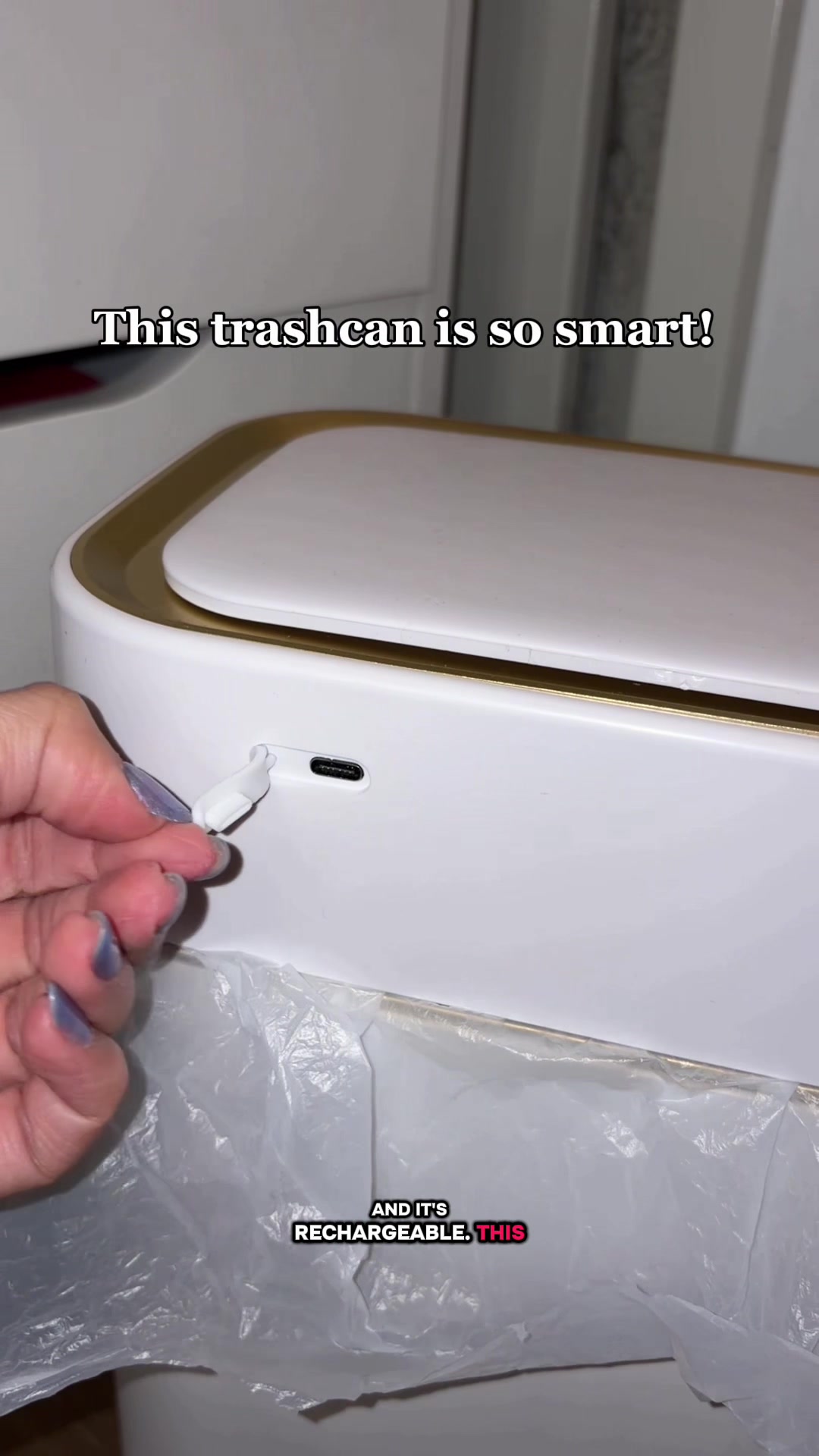 TikTok post by @jinzospam for Pukom. Caption reads: Love my new, smart trashcan from @Pukomc....