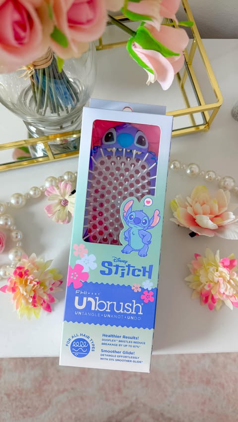 Instagram post by @emilyyyrosess for FHI Heat. Caption reads: [...] #UNbrush #disneystitch #hairstyle @fhiheat....