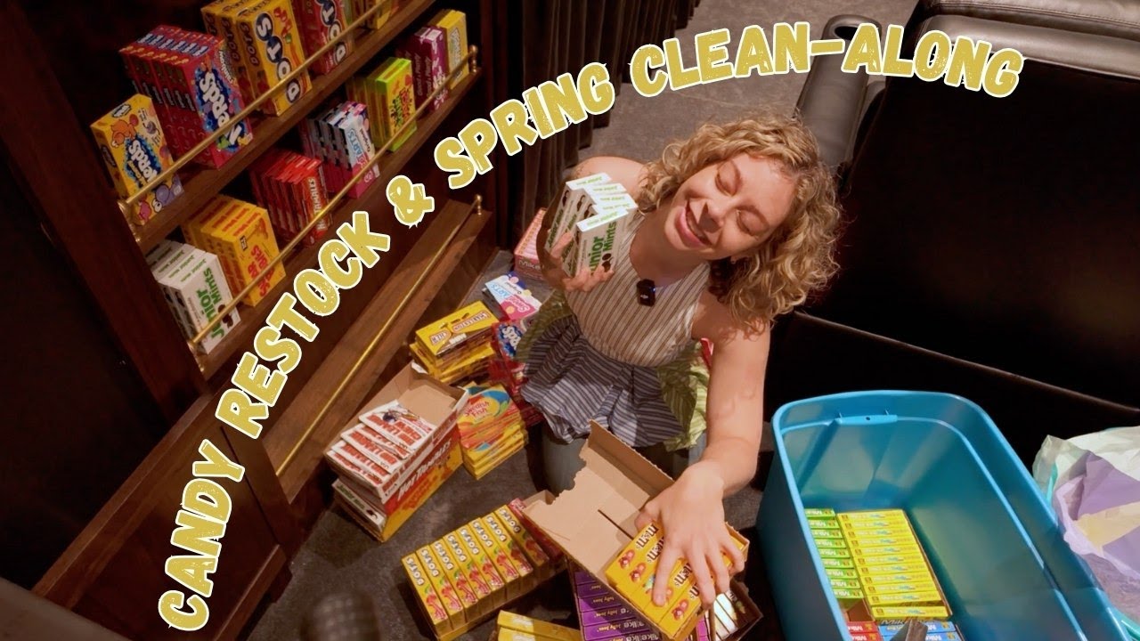 YouTube post by @acmeacres for Passionate Penny Pincher. Caption reads: Theatre Candy Restock & Spring Clean With Me.