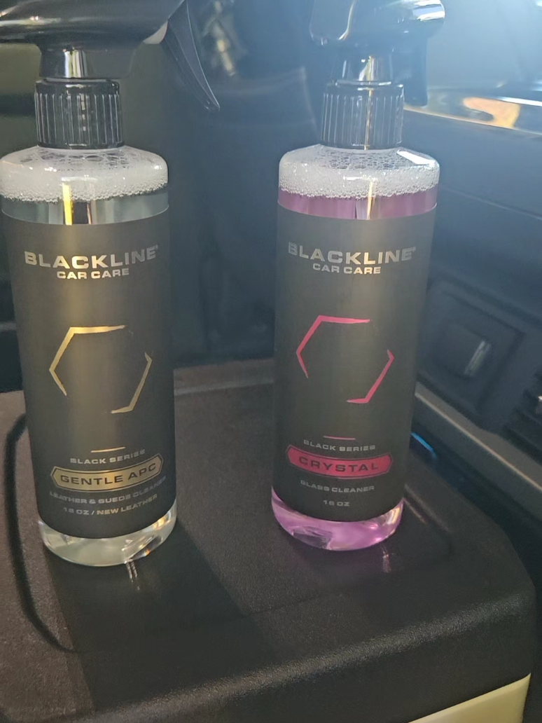 TikTok post by @barbaranunez8 for Blackline Car Care. Caption reads: [...] #welderswife #leather #glass....