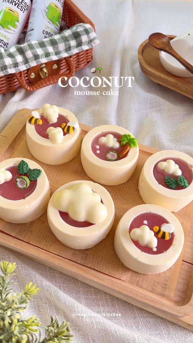 Instagram post by @may.kawaiikitchen for Harmless Harvest. Caption reads: Coconut Jello Mousse Cake 🥥🌴

There is nothing....