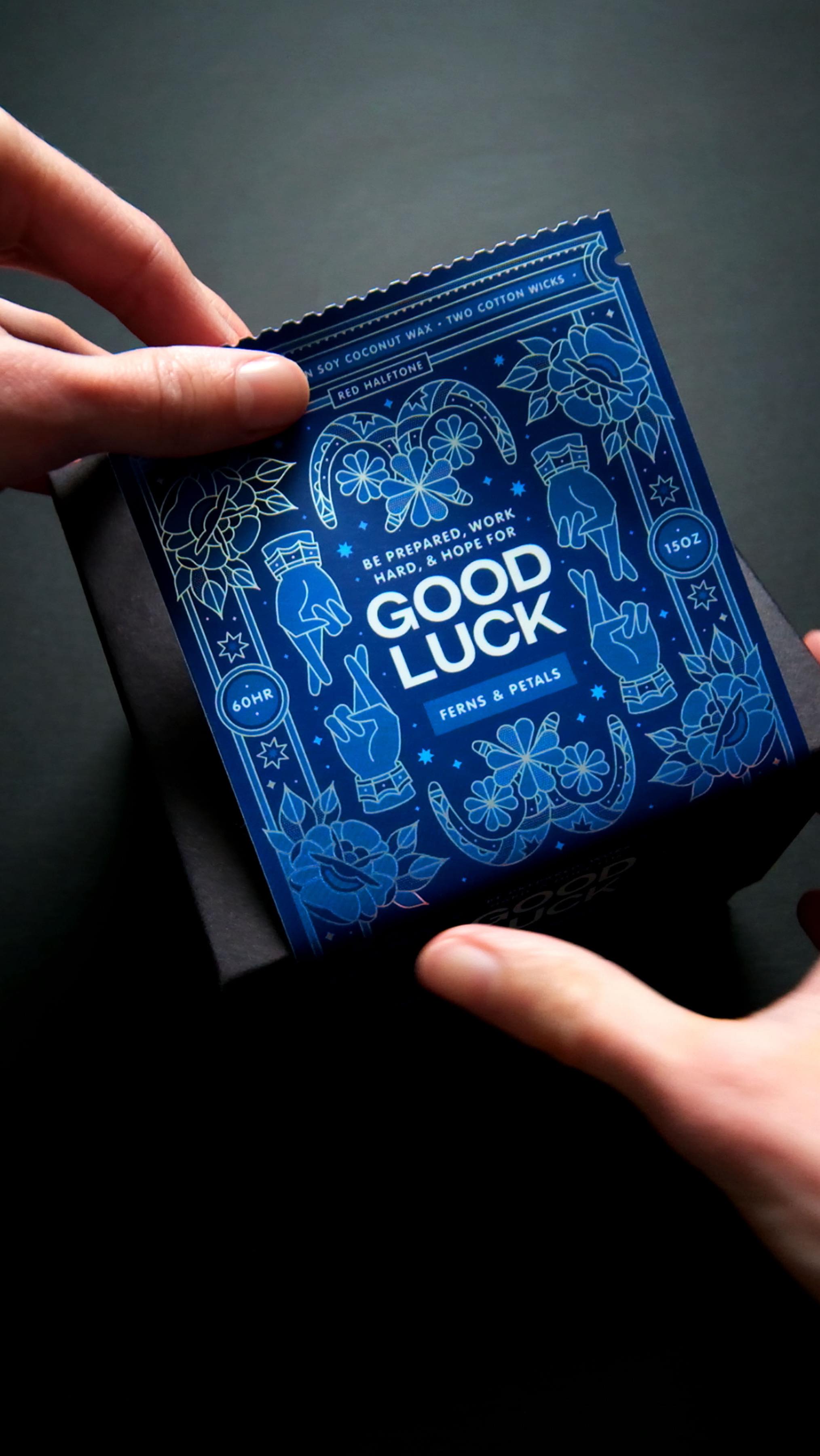 Instagram post by @redhalftone for StickerApp. Caption reads: A peek at how I created labels for my candle....