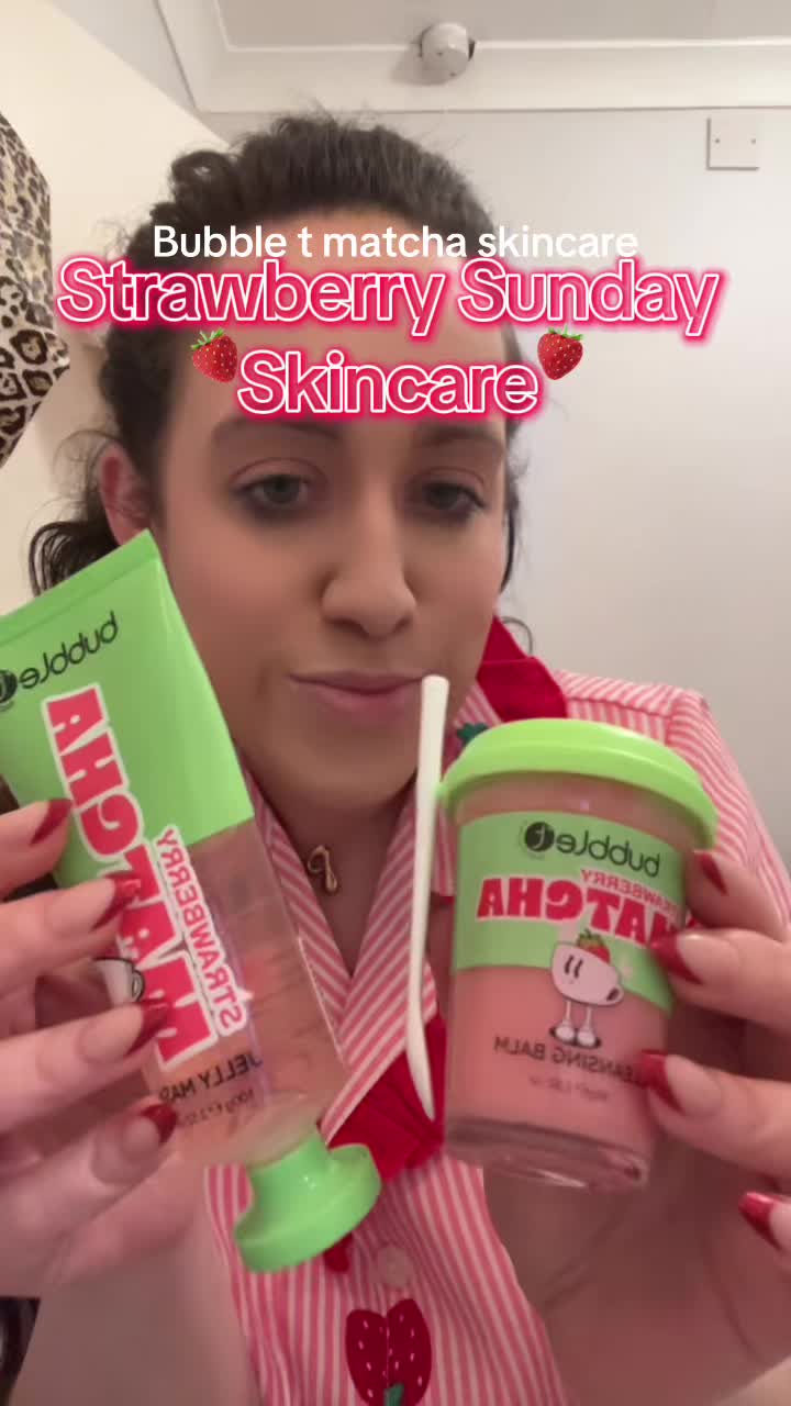 TikTok post by @pip_elderflower for Bubble T Cosmetics. Caption reads: [...] matcha Sunday skincare 🍓🍵 @Bubble T....