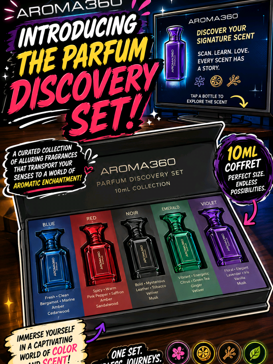 TikTok post by @twllin7 for Aroma360. Caption reads: 🔥 @Aroma360 Store Parfum Discovery Set is a whole....