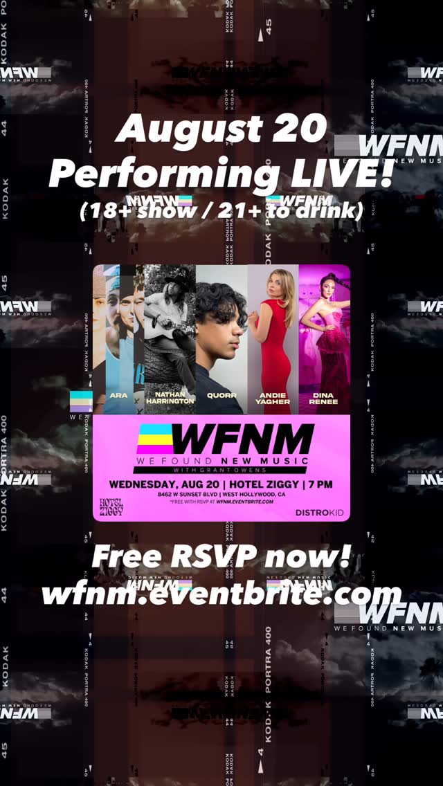 Instagram post by @dinarenee for DistroKid. Caption reads: Week 3 of WFNM’s HOT AUGUST SHOWS!  August 20 WFNM....