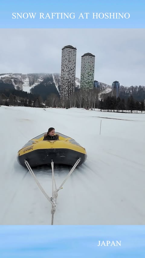 Instagram post by @wanderfulanya for Hoshino Resorts. Caption reads: • Snow rafting at Hoshino Resorts delivers pure....