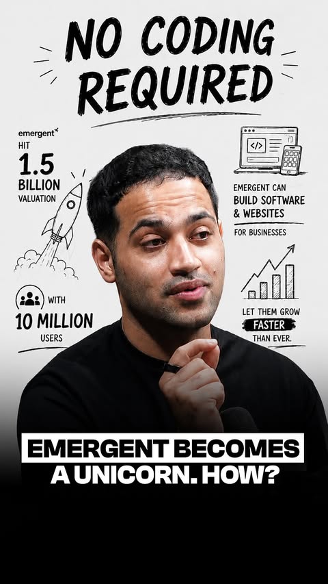 Instagram post by @rajshamani for Emergent Labs. Caption reads: @emergentlabs became a unicorn, and everyone’s....
