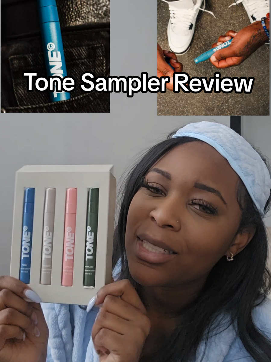 TikTok post by @brittbougie_ for TONE by AMP. Caption reads: Tone men’s cologne sampler review. Picked this up....