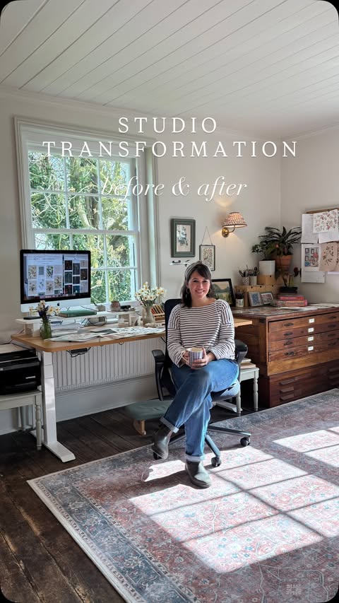 Instagram post by @claretheresegray for FlexiSpot. Caption reads: [...] ads: @fenwickandtilbrook @ruggable_uk....