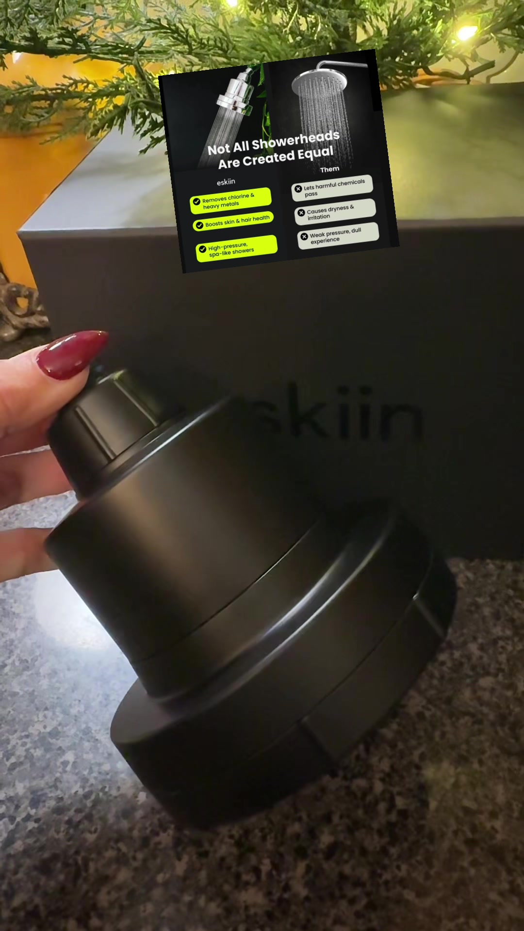 TikTok post by @tammyyyee for Eskiin. Caption reads: Eskiin Shower Head — your daily shower, but [...].