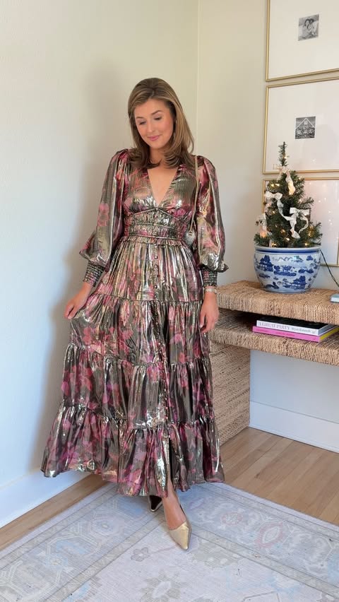Instagram post by @louisemontgomeryblog for Sam Edelman. Caption reads: Perfect winter wedding guest dress!🥂✨

Shop this....