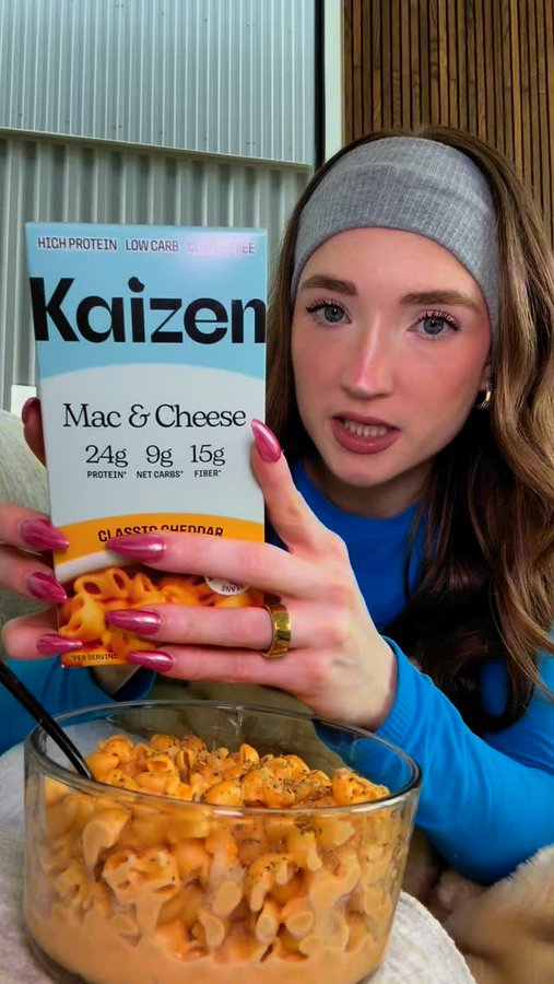 Instagram post by @kraftyoufitness for Kaizen Food Company. Caption reads: high-protein, low-carb Mac and cheese that makes....