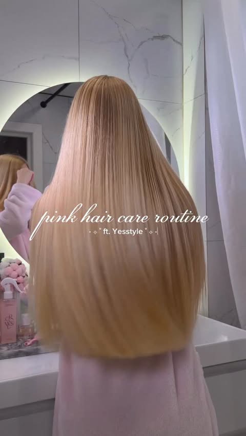 Instagram post by @thechrustal for YesStyle. Caption reads: Pink hair care routine with @yesstyle 💚✨
Use....