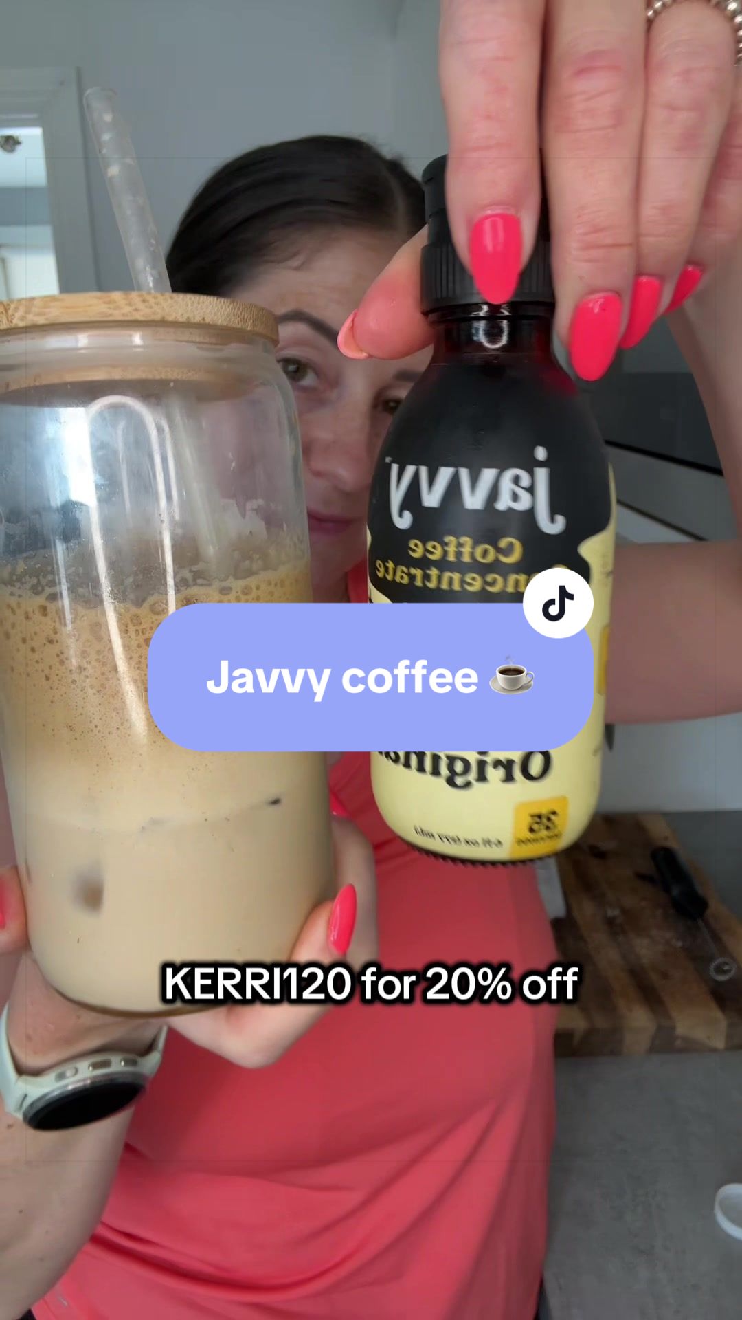 TikTok post by @kerrimccoy4 for Javy Coffee. Caption reads: My new fav iced coffee 😍🍯☕️....