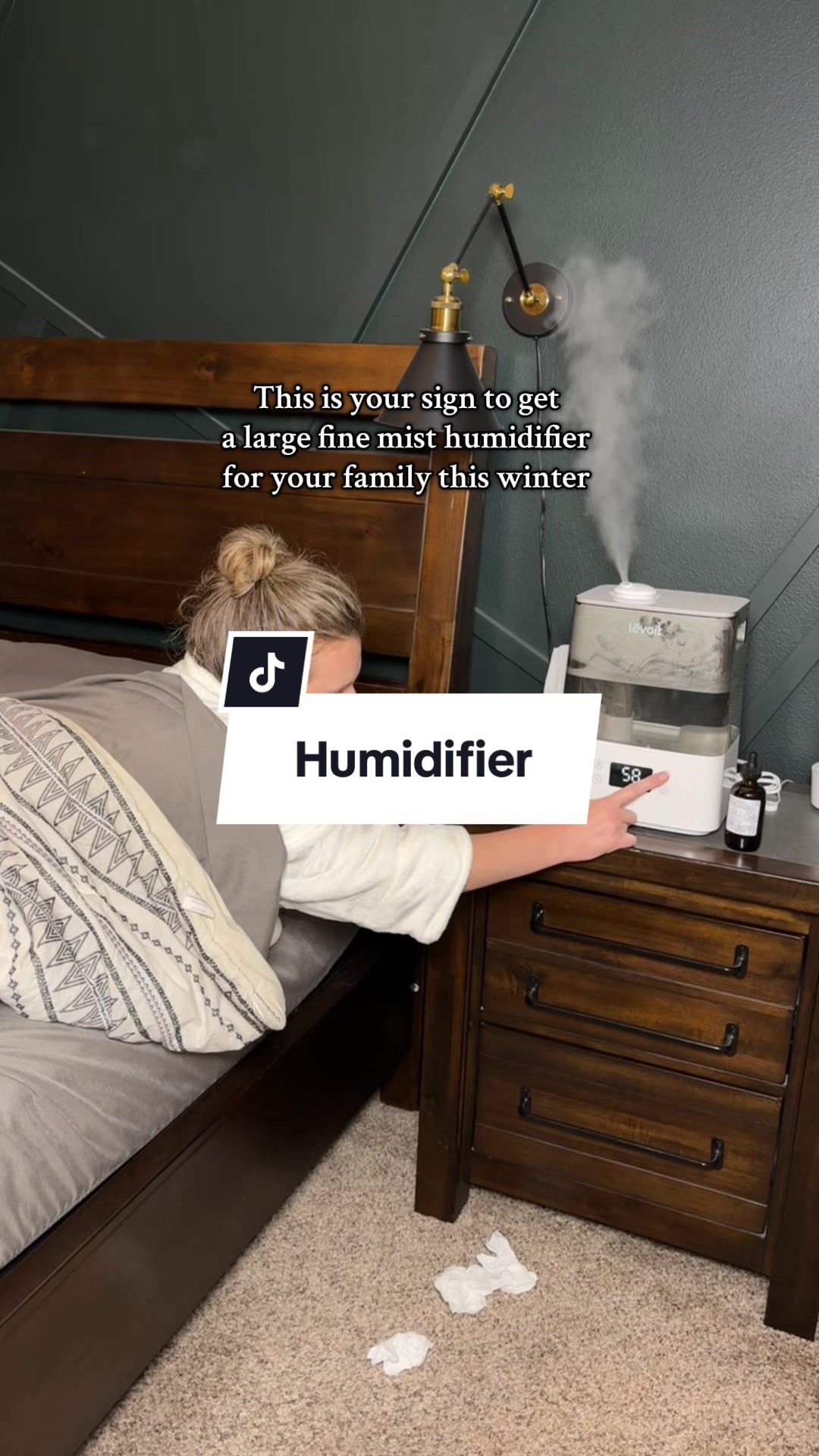 TikTok post by @thedailywith_kaylee for Levoit. Caption reads: [...] #humidifier #wintersickness....