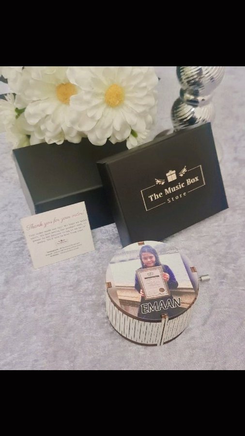 Instagram post by @made_by.emaan for The Music Box Store. Caption reads: [...] Personalised Music Box

Thank you....