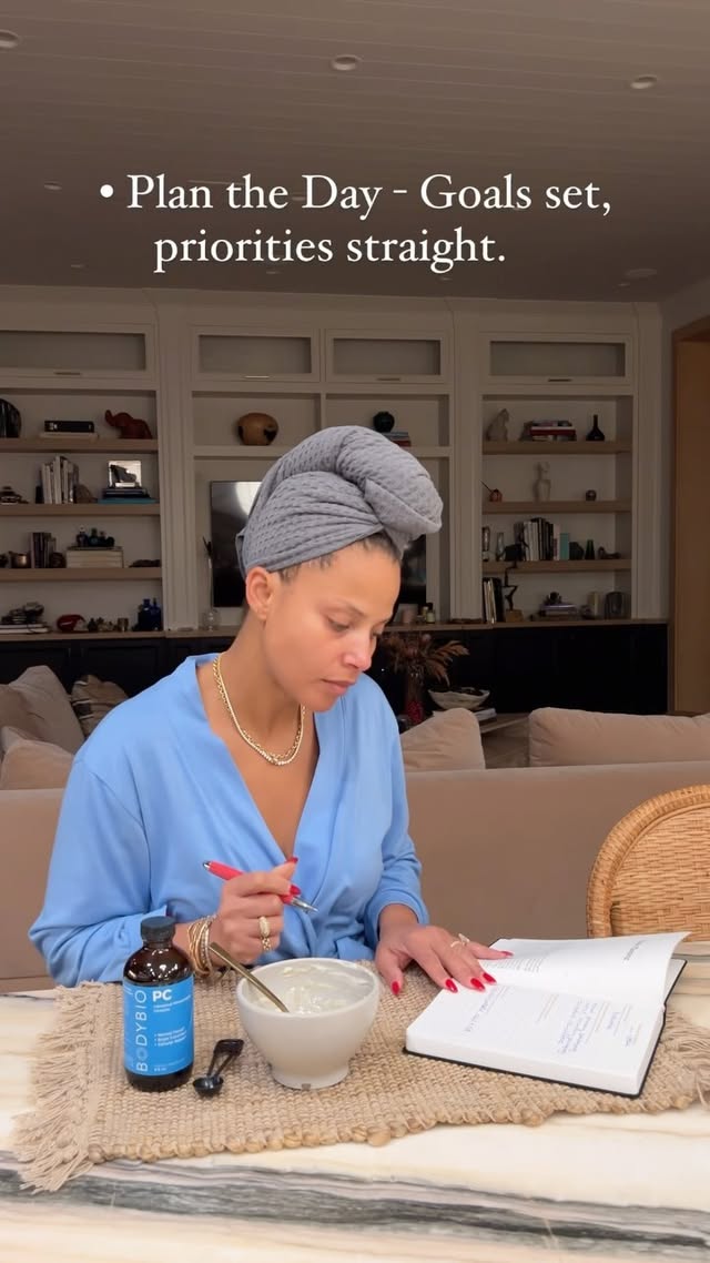 Instagram post by @denisevasi for BodyBio. Caption reads: [...] ✍️, and fueling my brain with @BodyBio PC.....
