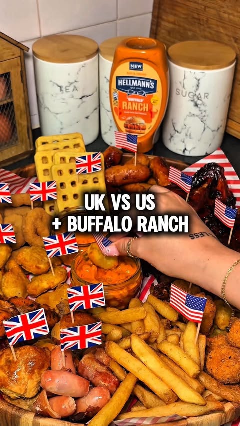Instagram post by @dinnersandthings_ for Hellmann's. Caption reads: AD | UK VS US… WITH @hellmannsuk BUFFALO RANCH....