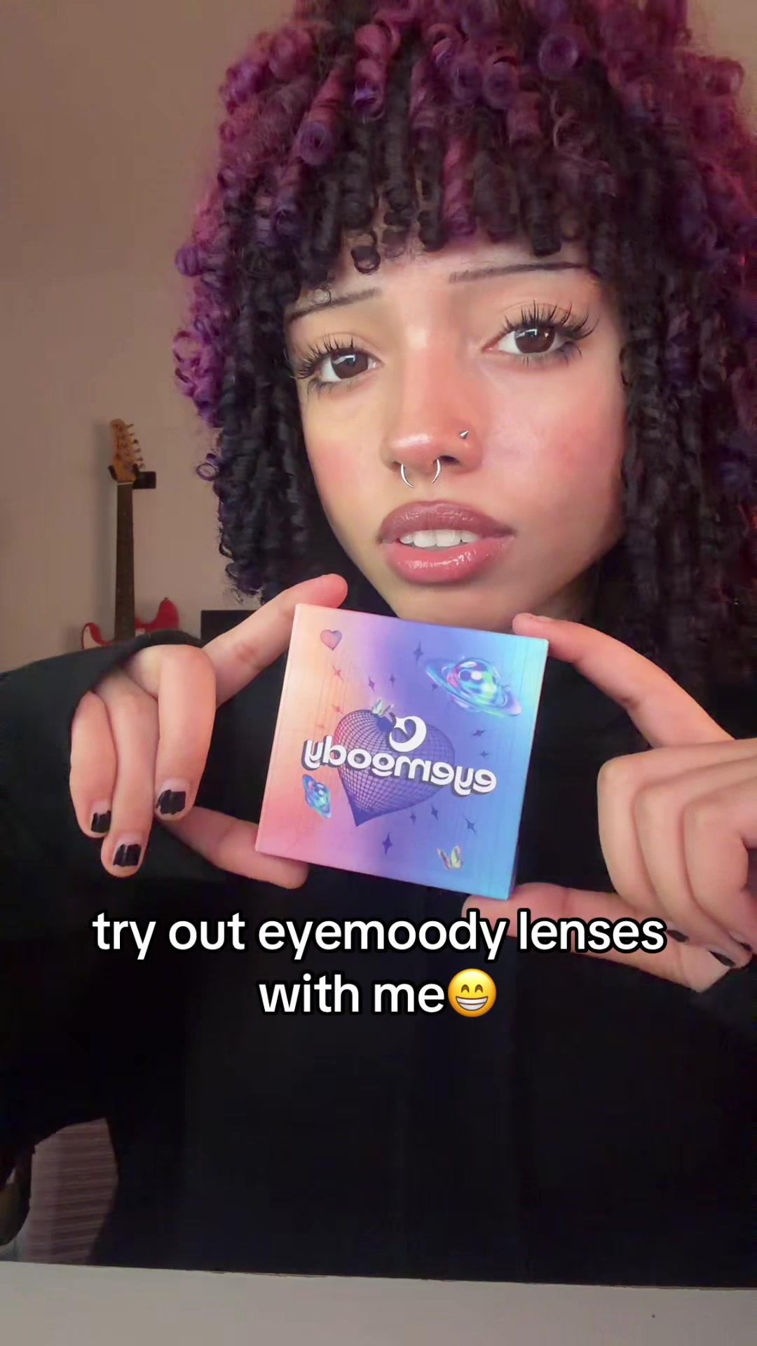 TikTok post by @literallyshaggy for Eyemoody. Caption reads: EYEMOODY LENSES! USE DISCOUNT CODE LINKED IN BIO:....