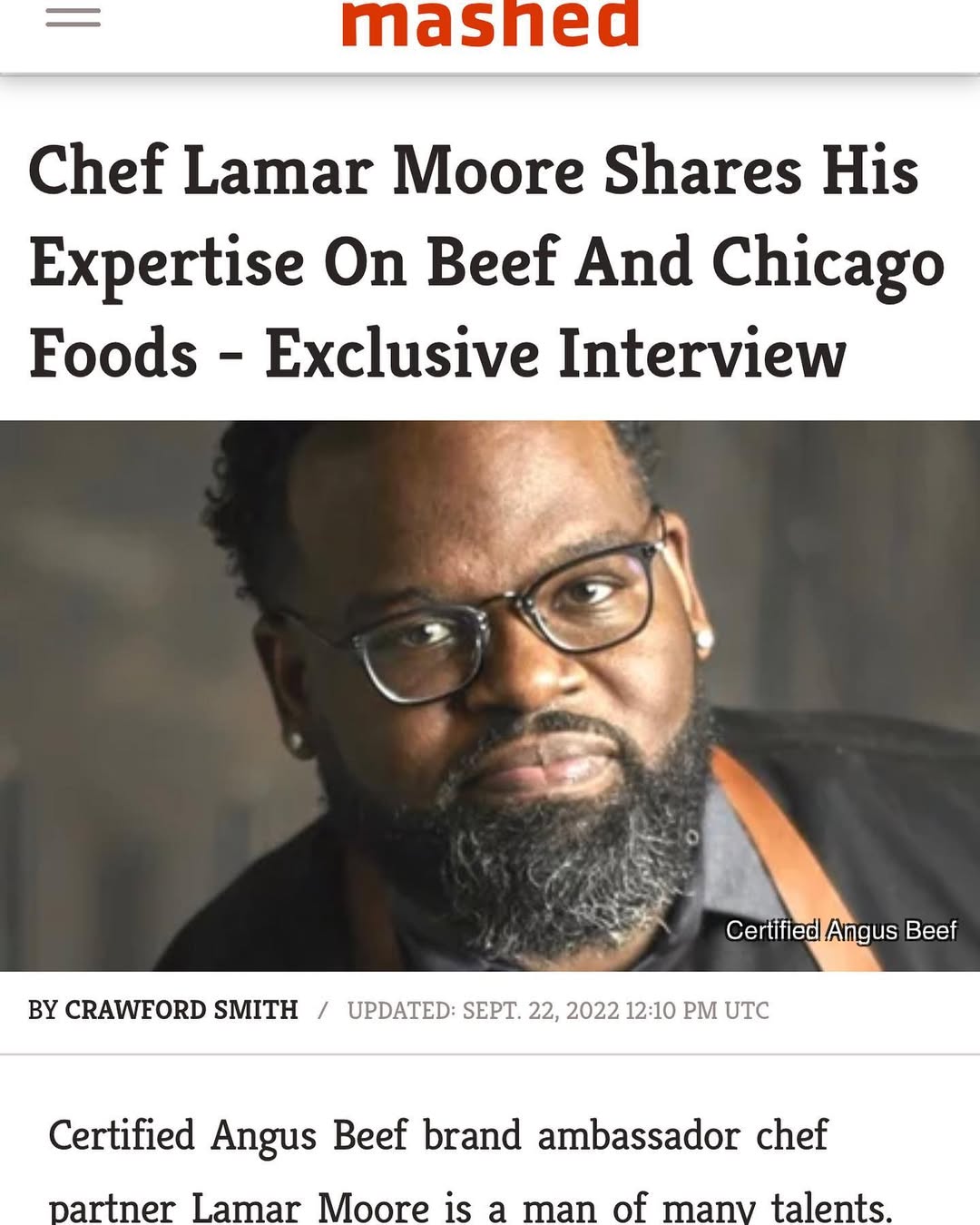 Instagram post by @chef_ljm for Certified Angus Beef. Caption reads: I recently sat down with @mashedfood and discussed....