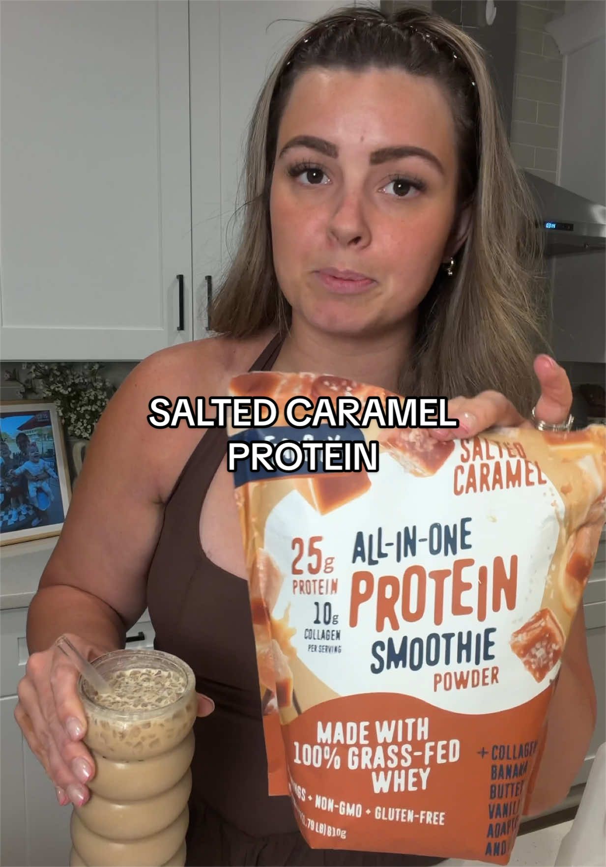 TikTok post by @tayypalmer for ShopFlavCity. Caption reads: [...] home + packed with protein 🤌🏼🤎🧋....