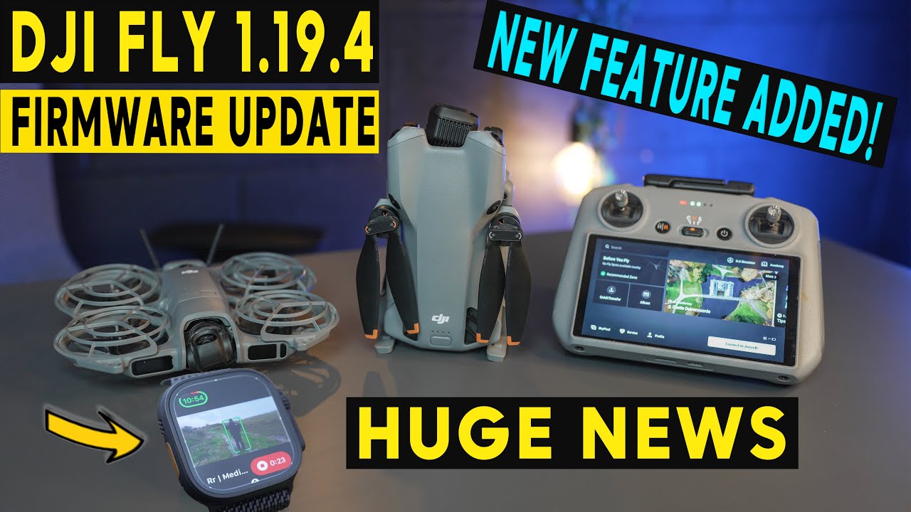 YouTube post by @DMProductions for Audiio. Caption reads: DJI Mini 5 Pro NEW FLY UPDATE 1.19.4! NEW FEATURE....