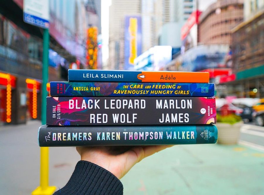 Instagram post by @nycbookgirl for Riverhead Books. Caption reads: This stack’s got me feeling like I should quit my....