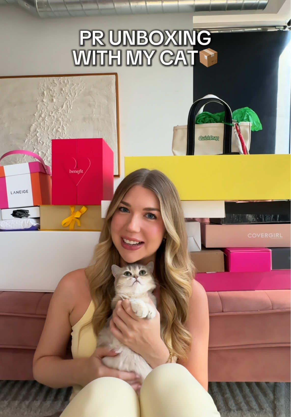TikTok post by @briannaxrenee for Bondisands. Caption reads: GIANT PR UNBOXING WITH LUMI🐈 #unboxingvideo #pr....