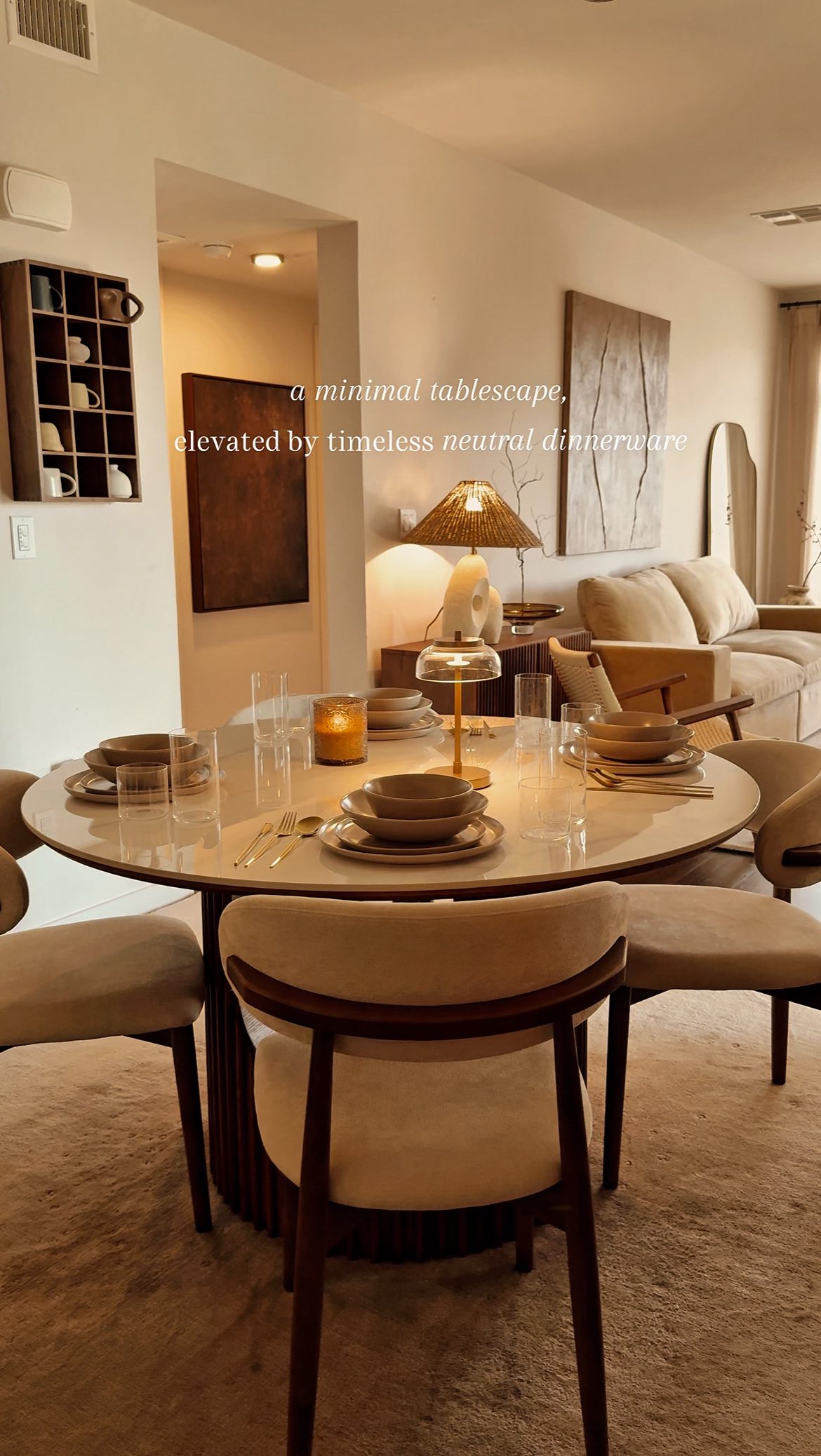 Instagram post by @neutral_homebody for Fable Home. Caption reads: Kept the tablescape minimal and grounded it with....