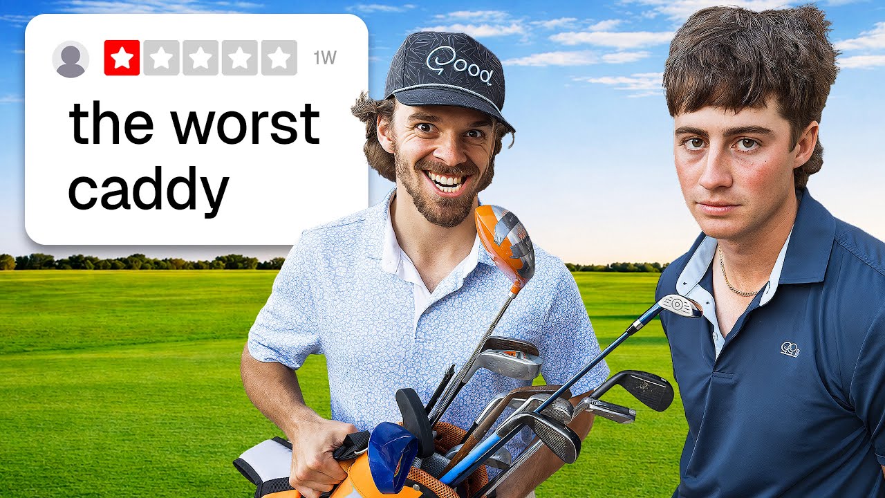 YouTube post by @gmgolf for Good Good Golf. Caption reads: Can I Break 80 With an Awful Caddy? .