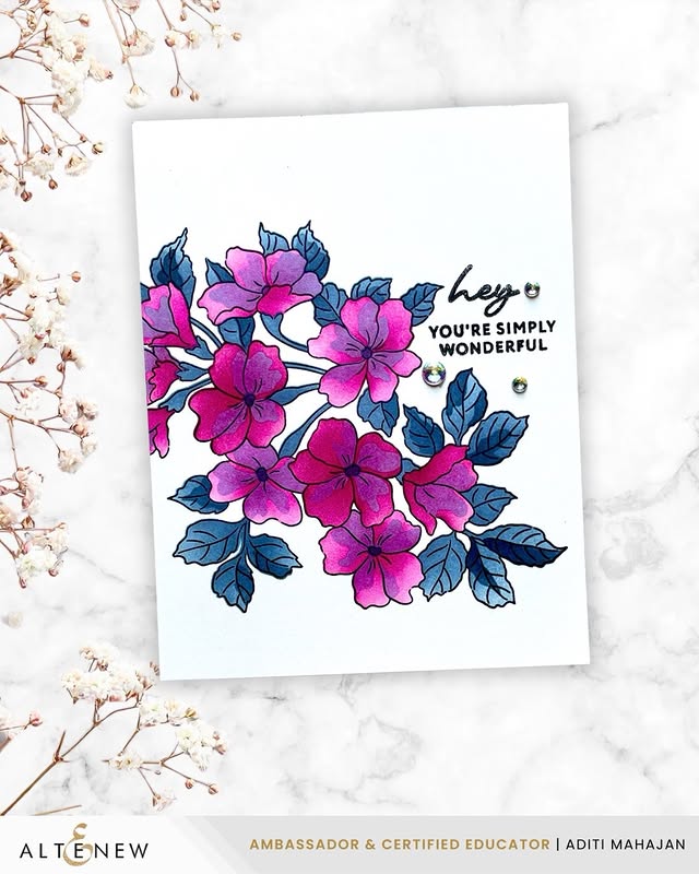 Instagram post by @addi.mahajan for Altenew. Caption reads: [...] Happy Blossoms, brought to life with Altenew....