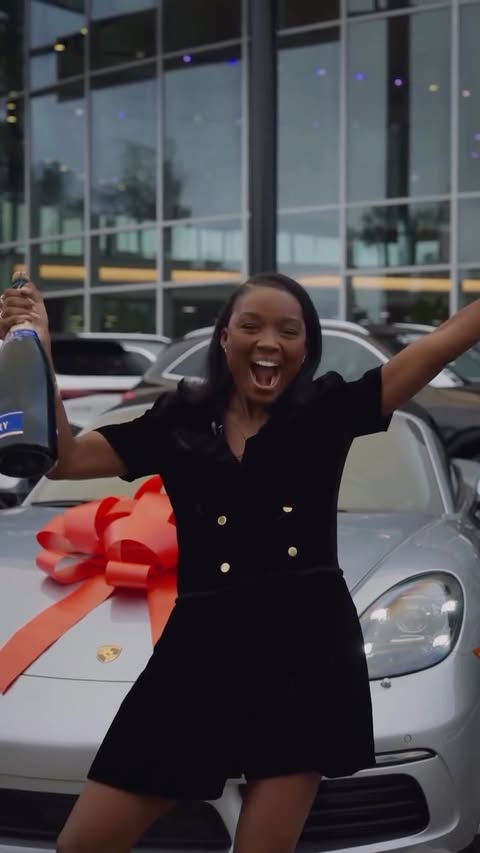 Instagram post by @melinda_melrose for Porsche. Caption reads: 🍾🎁This is how it went when I purchased my first....