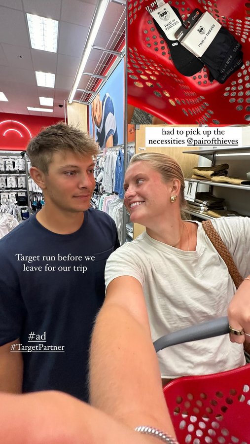 Instagram post by @averybsweatt for Pair of Thieves. Caption reads: #Ad picking up some necessities🫶🏼 @pairofthieves....