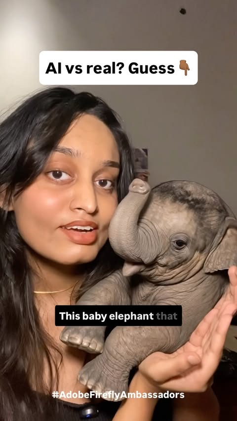 Instagram post by @techwithvarsha for Adobe Firefly. Caption reads: Guess what’s real? 🤯 Tool used: @adobefirefly....
