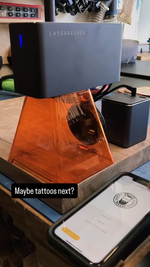 Instagram post by @dmiller.designs for LaserPecker. Caption reads: Portable laser engraver slash tattoo machine?....