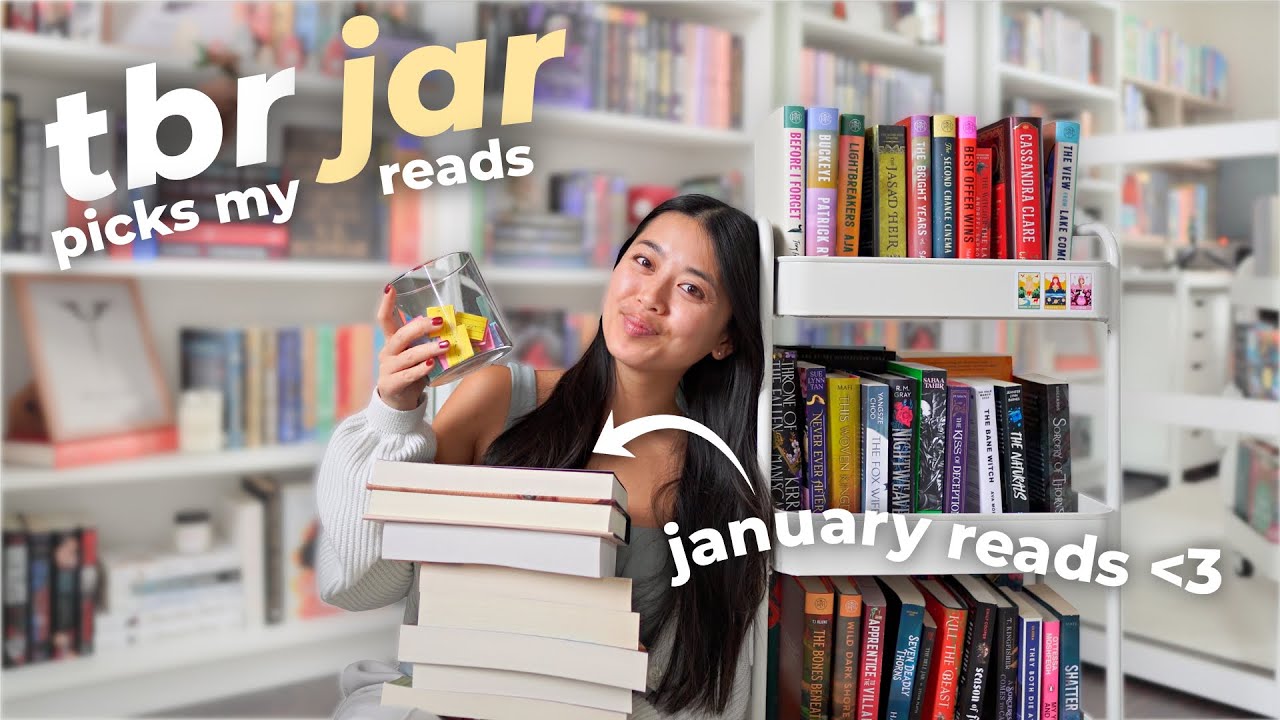 YouTube post by @jaimefok for BookoftheMonth. Caption reads: *TBR JAR* chooses my January reads 📚❄️✨.