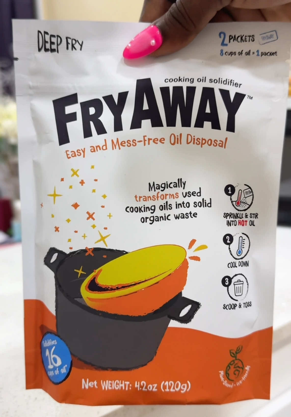 TikTok post by @artistic_makeup_queen for FryAway. Caption reads: [...] down the drain. Instead grab a pack of....