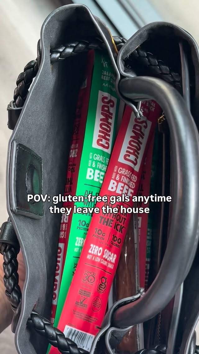 Instagram post by @lesswithlaur for Chomps. Caption reads: Me 🤝 gluten-free, dairy-free snacks with 10g of....