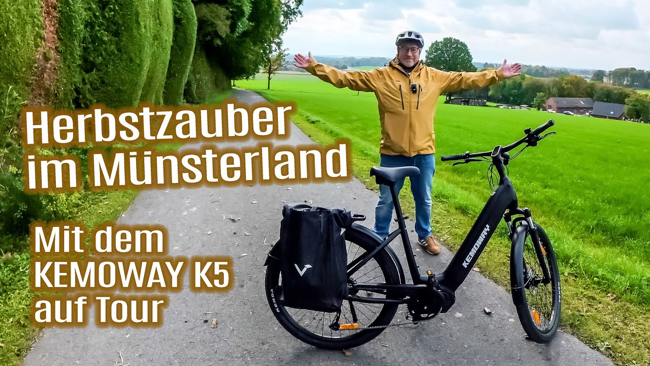 YouTube post by @Swobo_Outdoor for komoot. Caption reads: 30-kilometer e-bike adventure in Münsterland:....