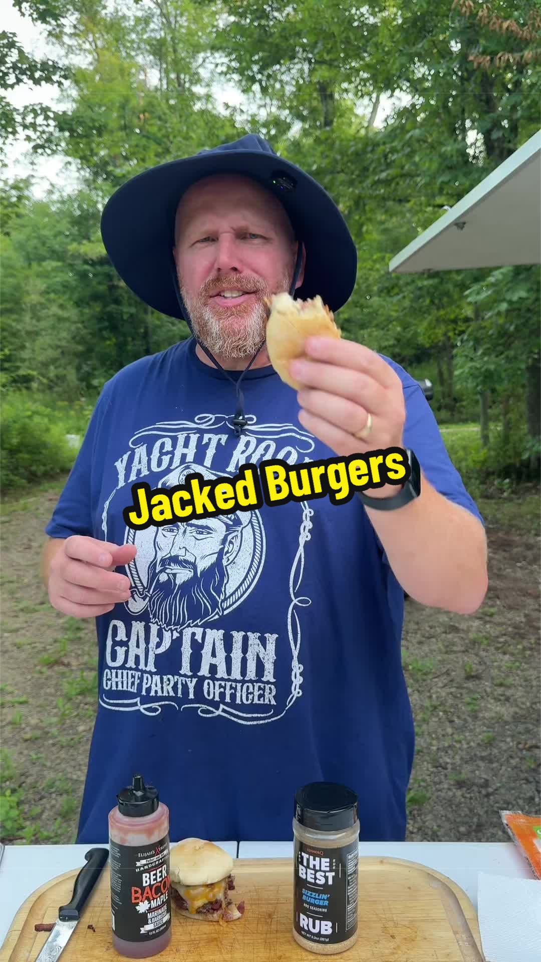 TikTok post by @kuders.good.times.bbq for Elijah's Xtreme. Caption reads: These burgers were jacked for sure. Using that....