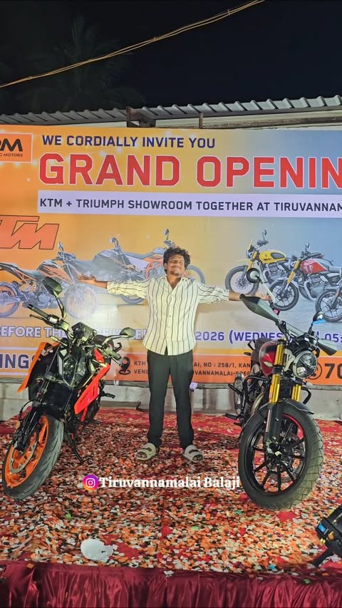 Instagram post by @thiruvannamalai_balaji for KTM. Caption reads: Grand Opening KTM & TRIUMPH🎉✨️❤️💥 #ad #ktm....