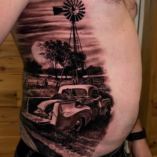 Instagram post by @dylanwebertattoos for Sullen Clothing. Caption reads: Incorporated Adrian’s Holden Ute and his dog in an....